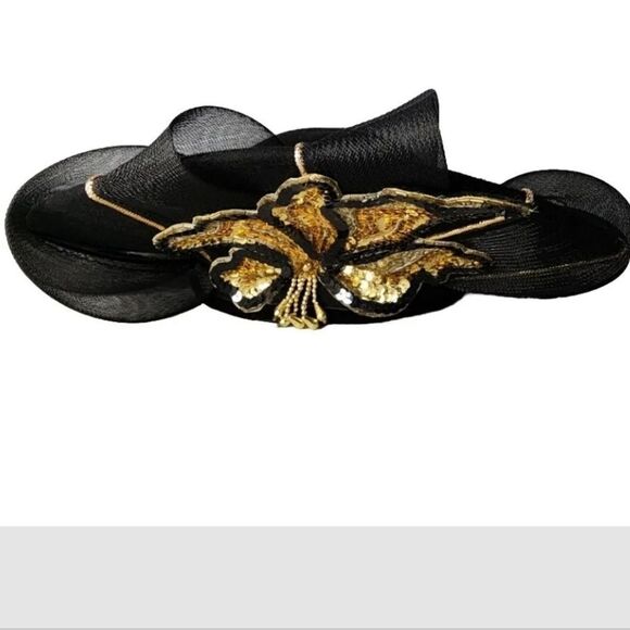 Vintage Mr. Hi's Classic Black Gold Hat Fancy Derby Sequined Mesh Embellish - Picture 1 of 8